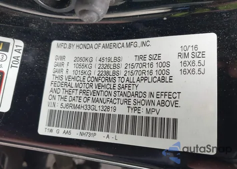 2016 Honda Cr-V Lx from USA, damaged, VIN 5J6RM4H33GL132819